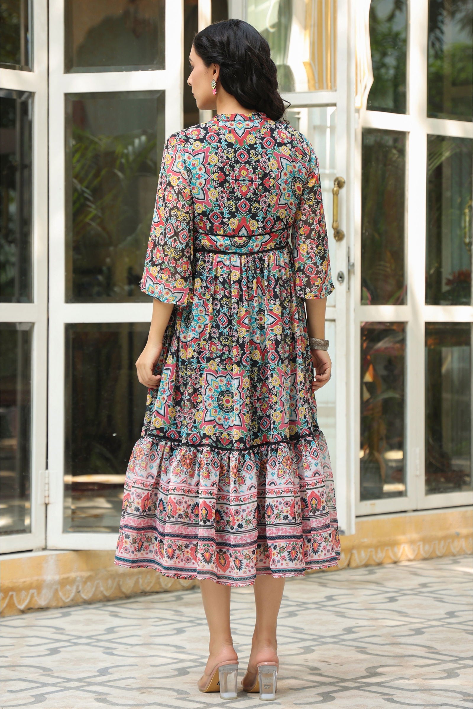 Juniper Black Geometric Printed Chiffon Tiered Maxi Dress With Buttons.