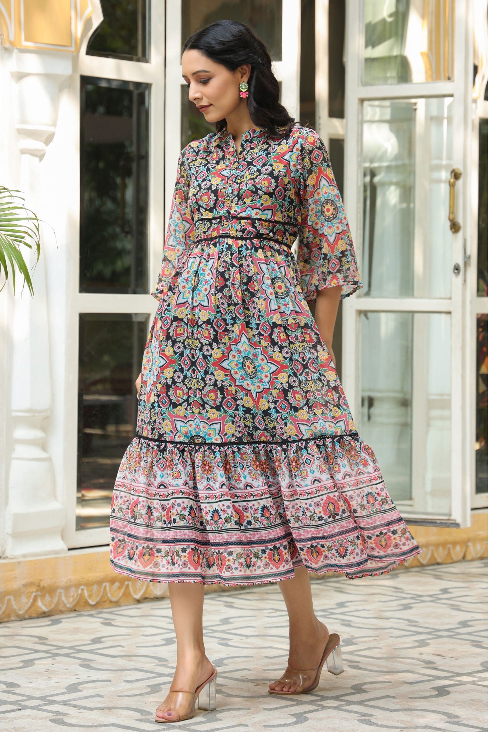 Juniper Black Geometric Printed Chiffon Tiered Maxi Dress With Buttons.