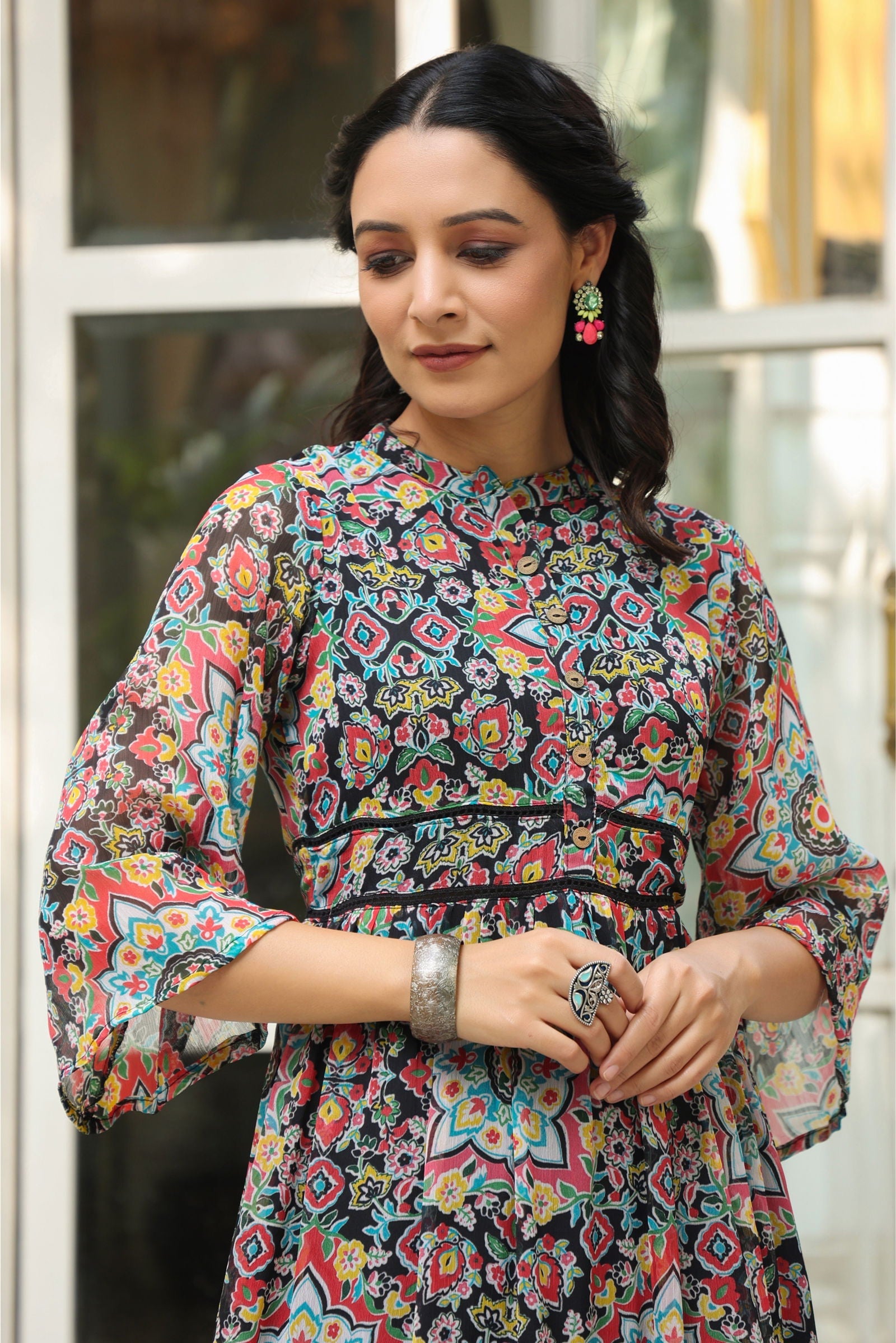 Juniper Black Geometric Printed Chiffon Tiered Maxi Dress With Buttons.