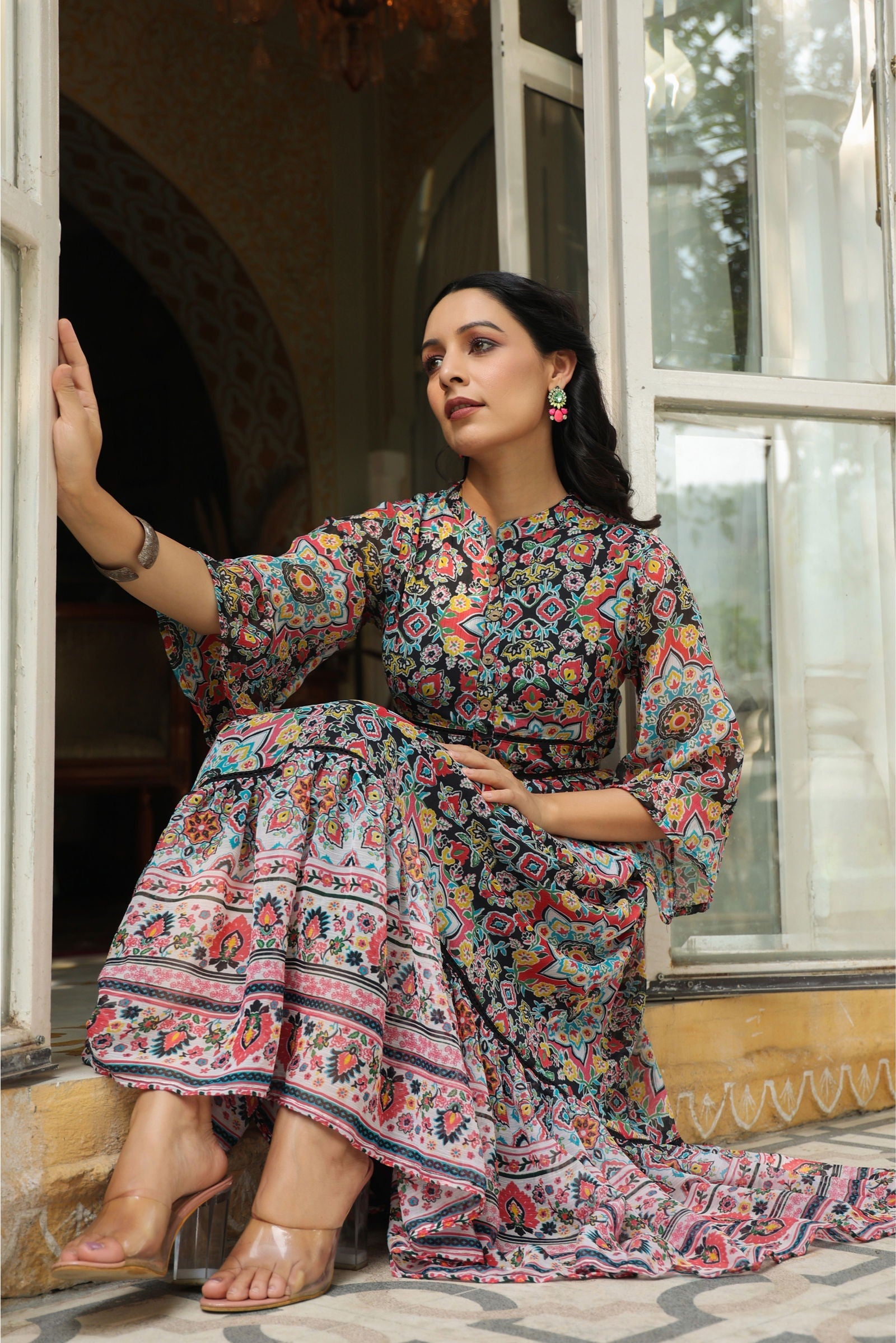 Juniper Black Geometric Printed Chiffon Tiered Maxi Dress With Buttons.