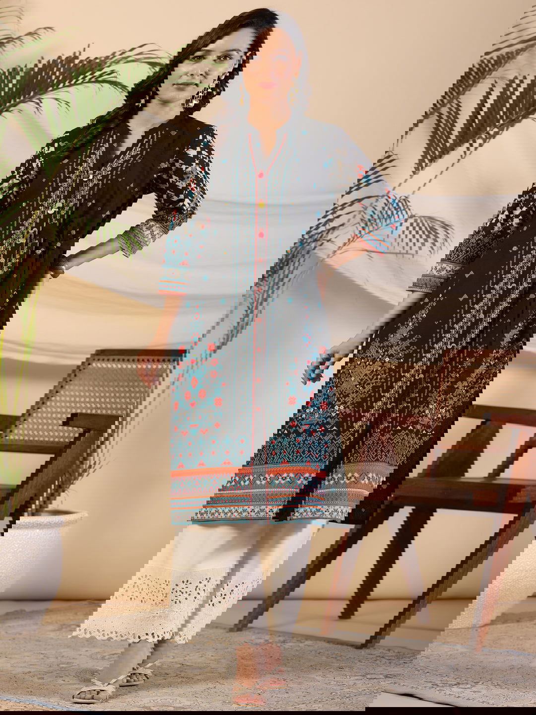 Juniper Black Geometric Printed Cotton Fusion Kurta With Contrast 3D Beadwork Side Tie-Ups & Coins