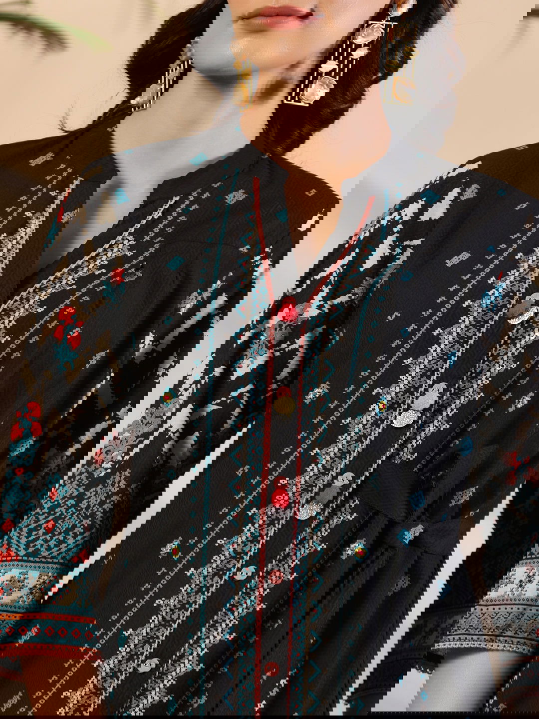 Juniper Black Geometric Printed Cotton Fusion Kurta With Contrast 3D Beadwork Side Tie-Ups & Coins