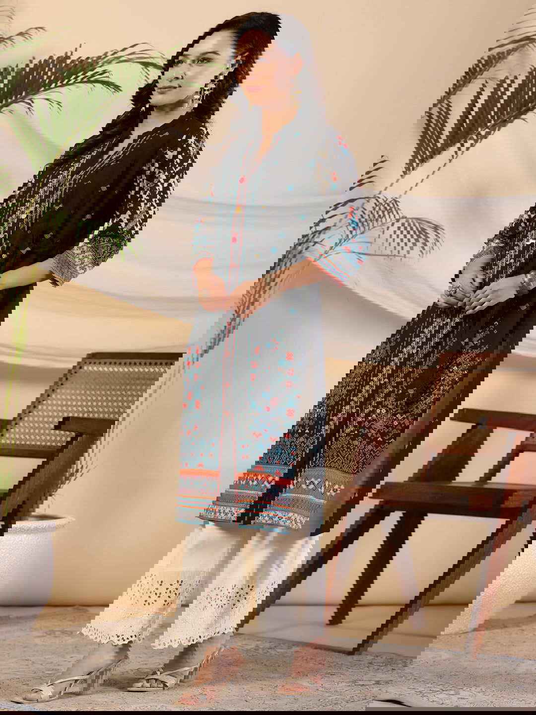 Juniper Black Geometric Printed Cotton Fusion Kurta With Contrast 3D Beadwork Side Tie-Ups & Coins