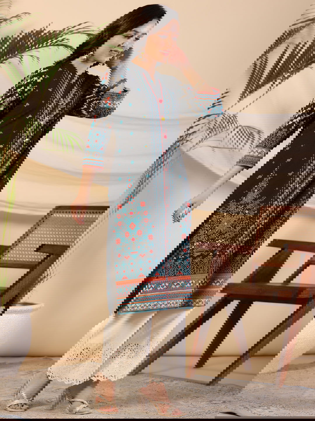 Juniper Black Geometric Printed Cotton Fusion Kurta With Contrast 3D Beadwork Side Tie-Ups & Coins