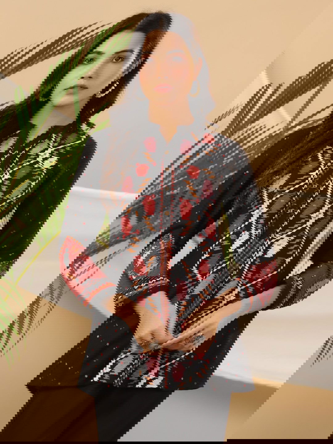 Juniper Black Geometric Printed Rayon Slub Tunic With Buttons