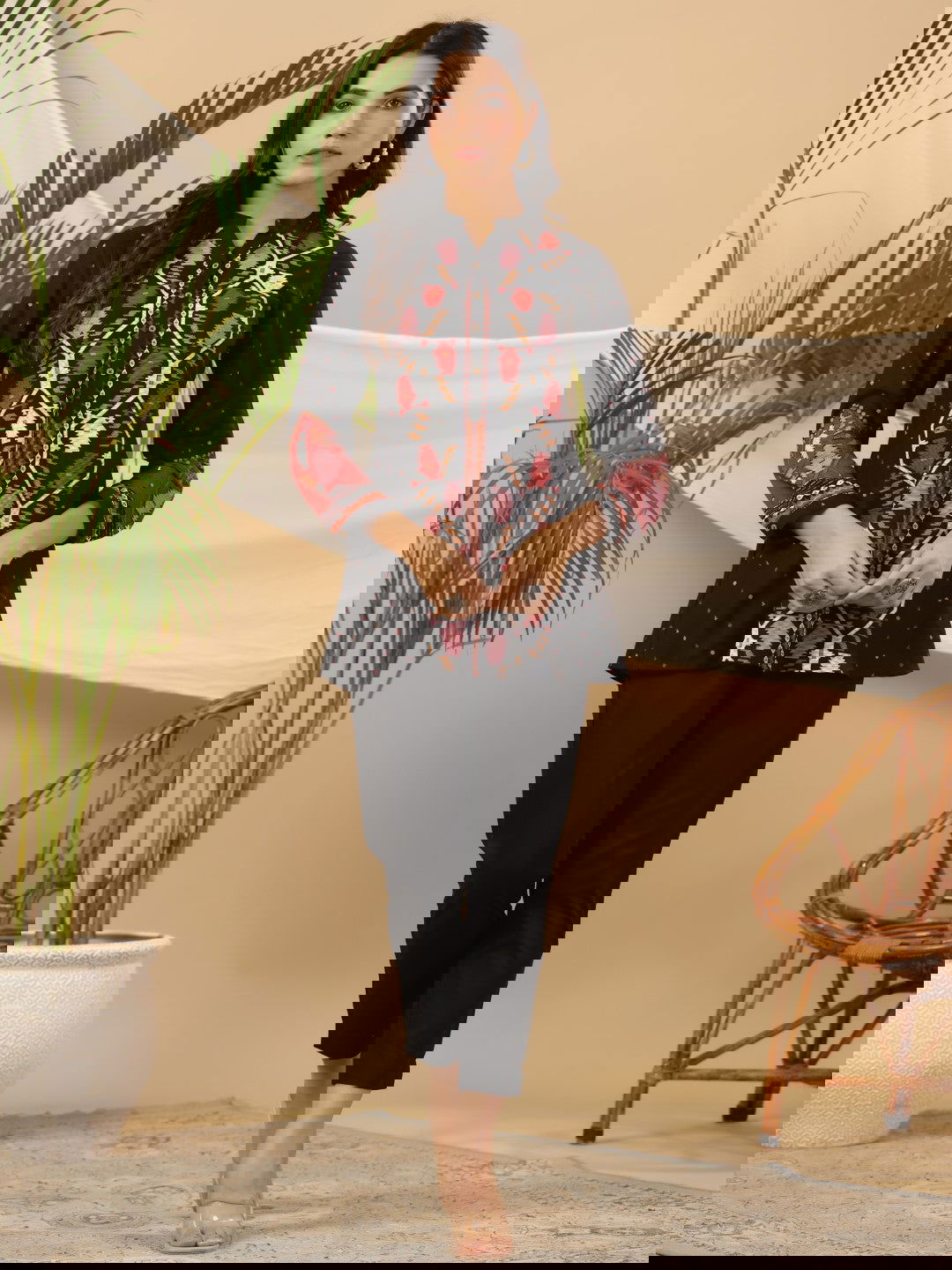 Juniper Black Geometric Printed Rayon Slub Tunic With Buttons