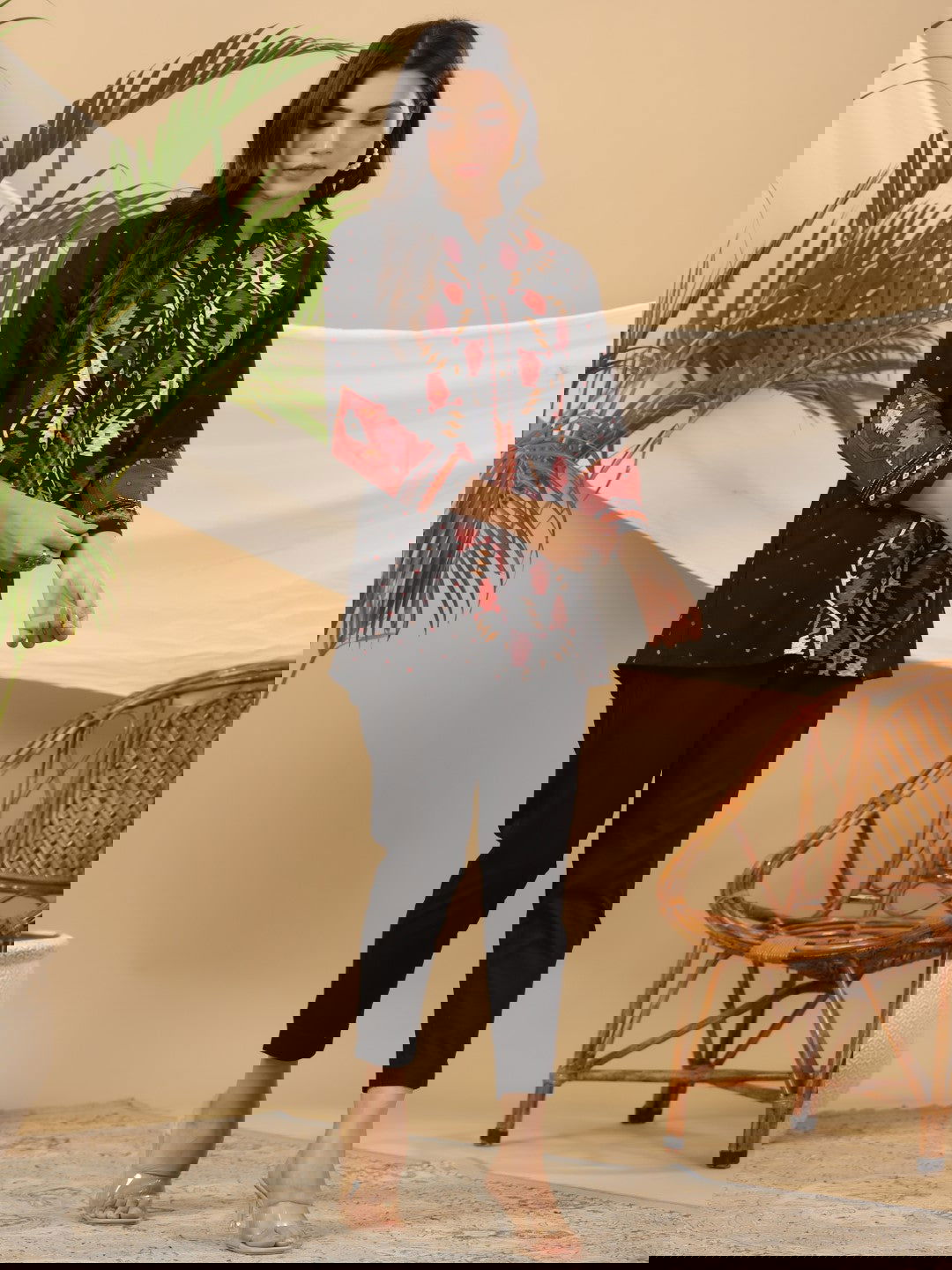 Juniper Black Geometric Printed Rayon Slub Tunic With Buttons