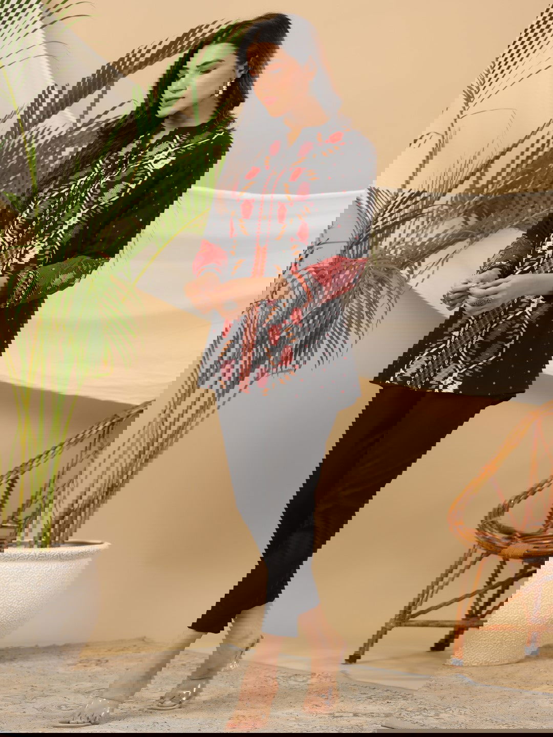 Juniper Black Geometric Printed Rayon Slub Tunic With Buttons