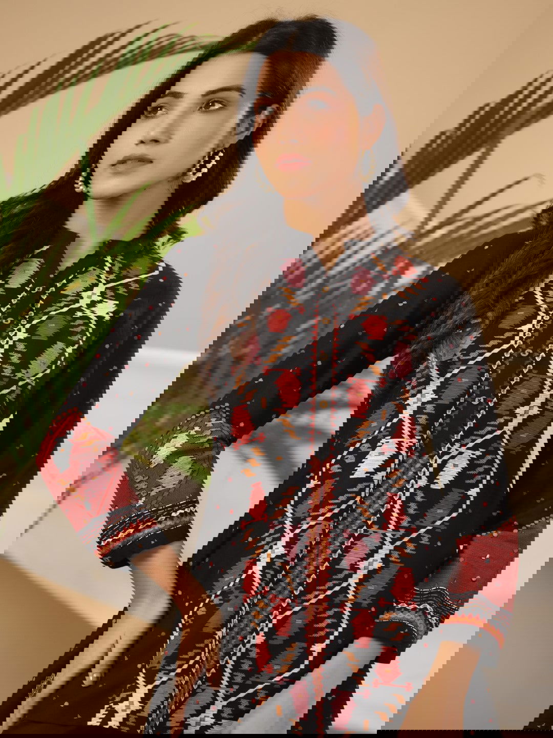 Juniper Black Geometric Printed Rayon Slub Tunic With Buttons