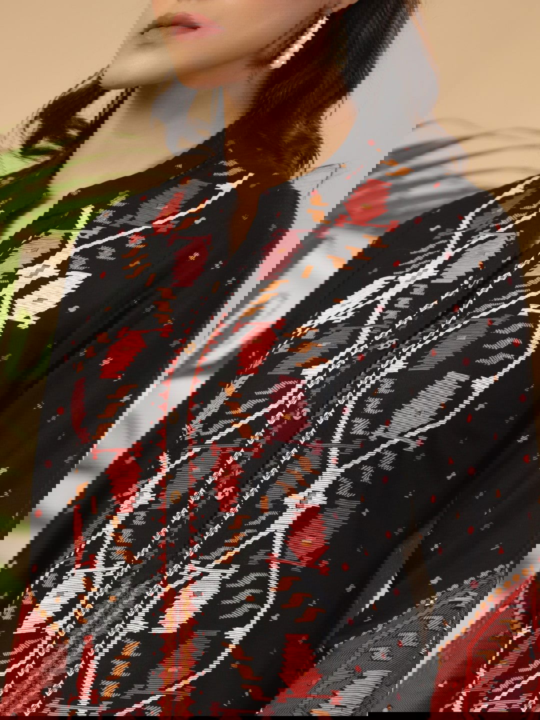 Juniper Black Geometric Printed Rayon Slub Tunic With Buttons