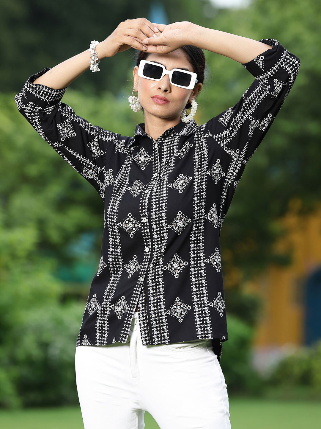 Juniper Black Geometric Printed Rayon Straight Shirt with Buttons
