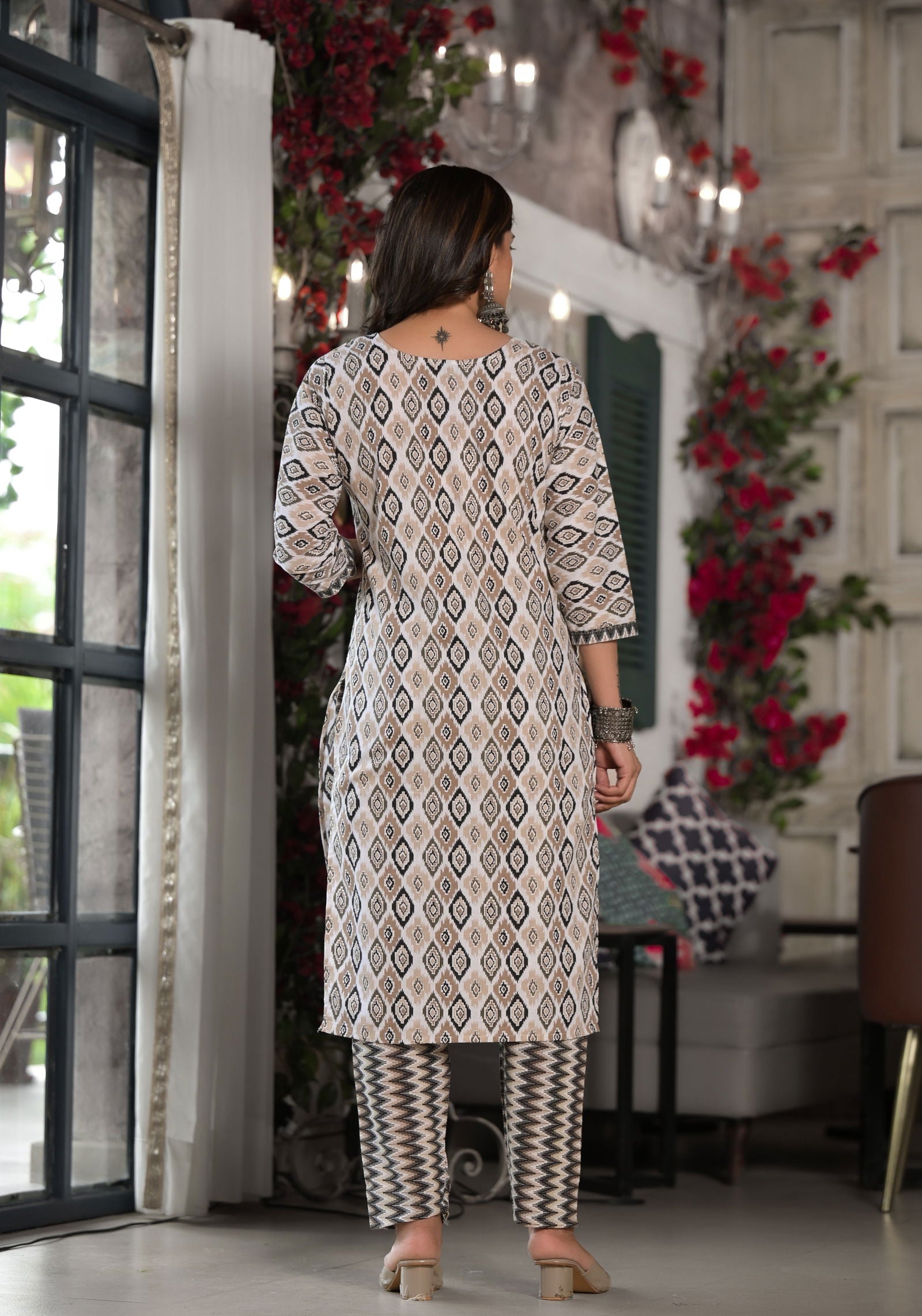 Juniper Black Ikat Printed Cotton Kurta, Pant And Dupatta Set With Mirror & Thread Work