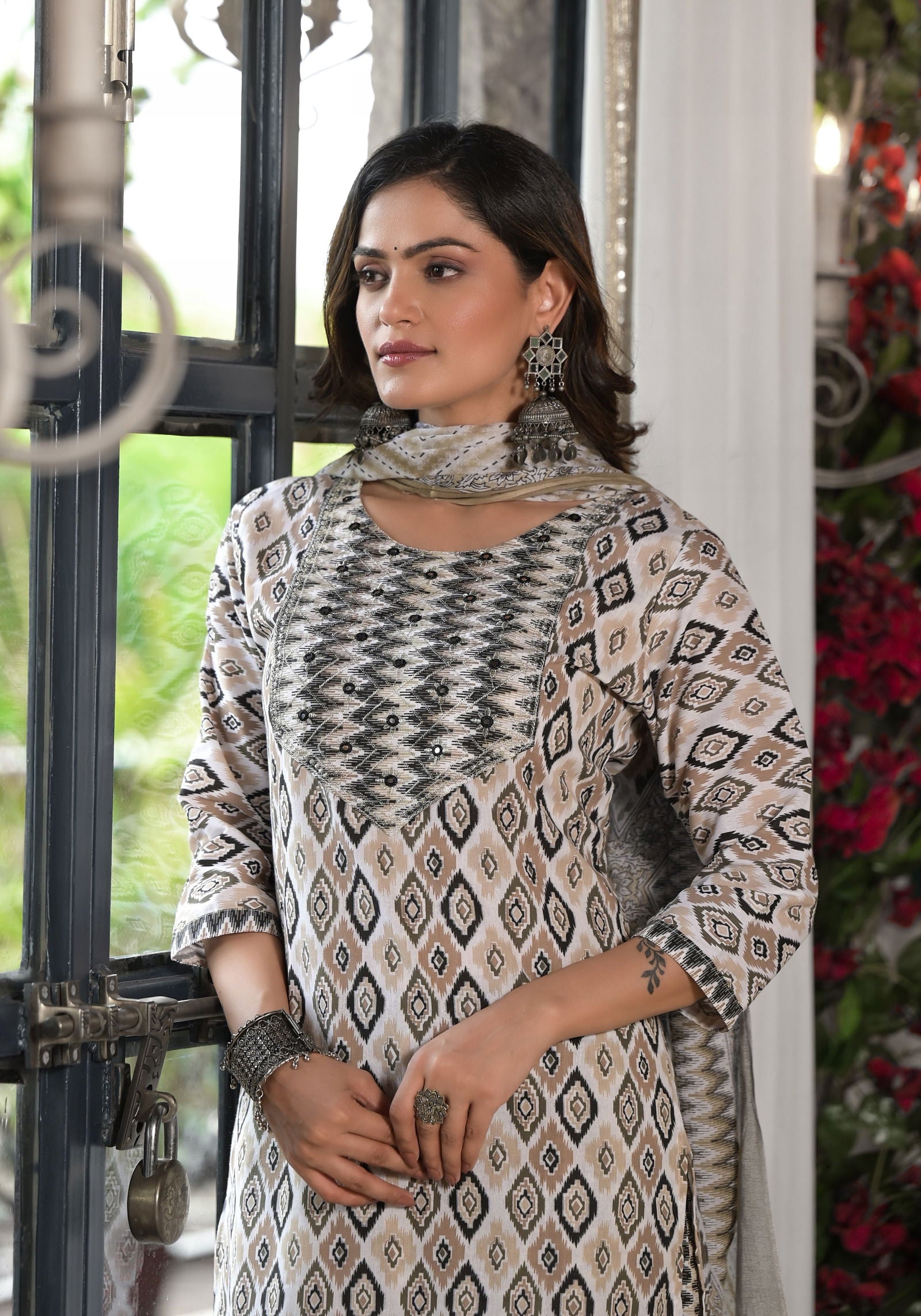 Juniper Black Ikat Printed Cotton Kurta, Pant And Dupatta Set With Mirror & Thread Work