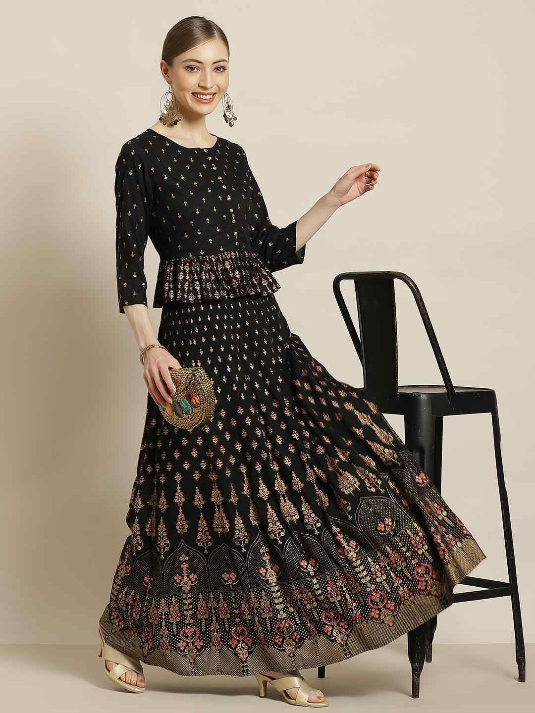 Juniper Black LIVA Rayon & Cambric Printed Peplum Lehenga Choli Sets