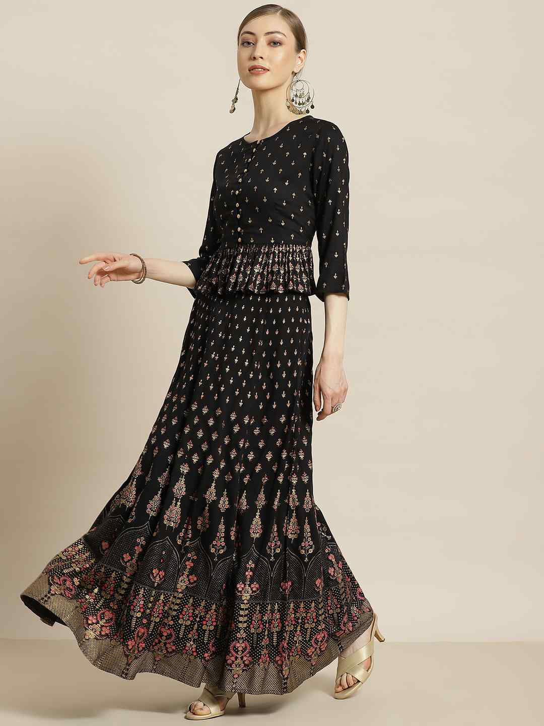 Juniper Black LIVA Rayon & Cambric Printed Peplum Lehenga Choli Sets