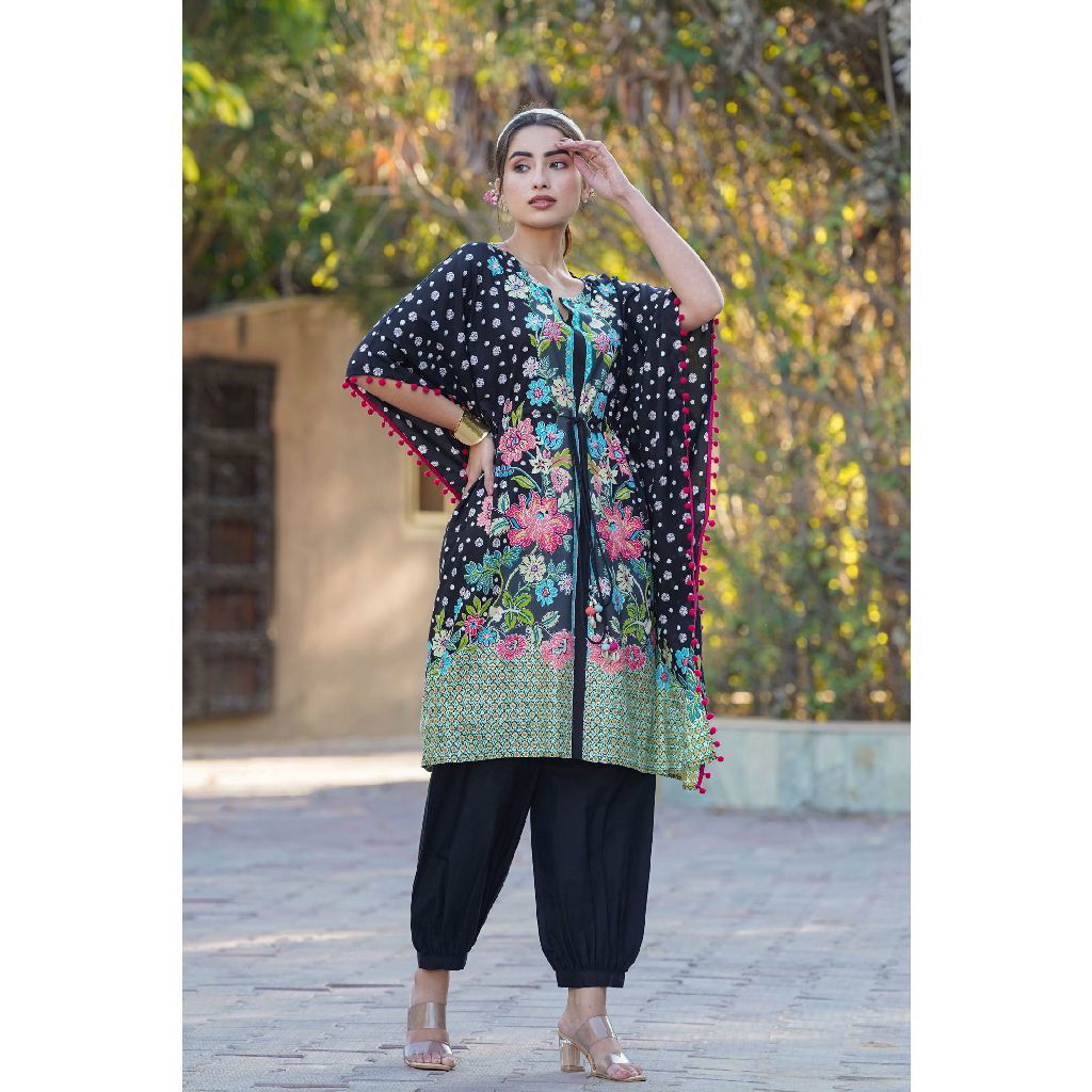Juniper Black LIVA Rayon Printed Straight Kaftan