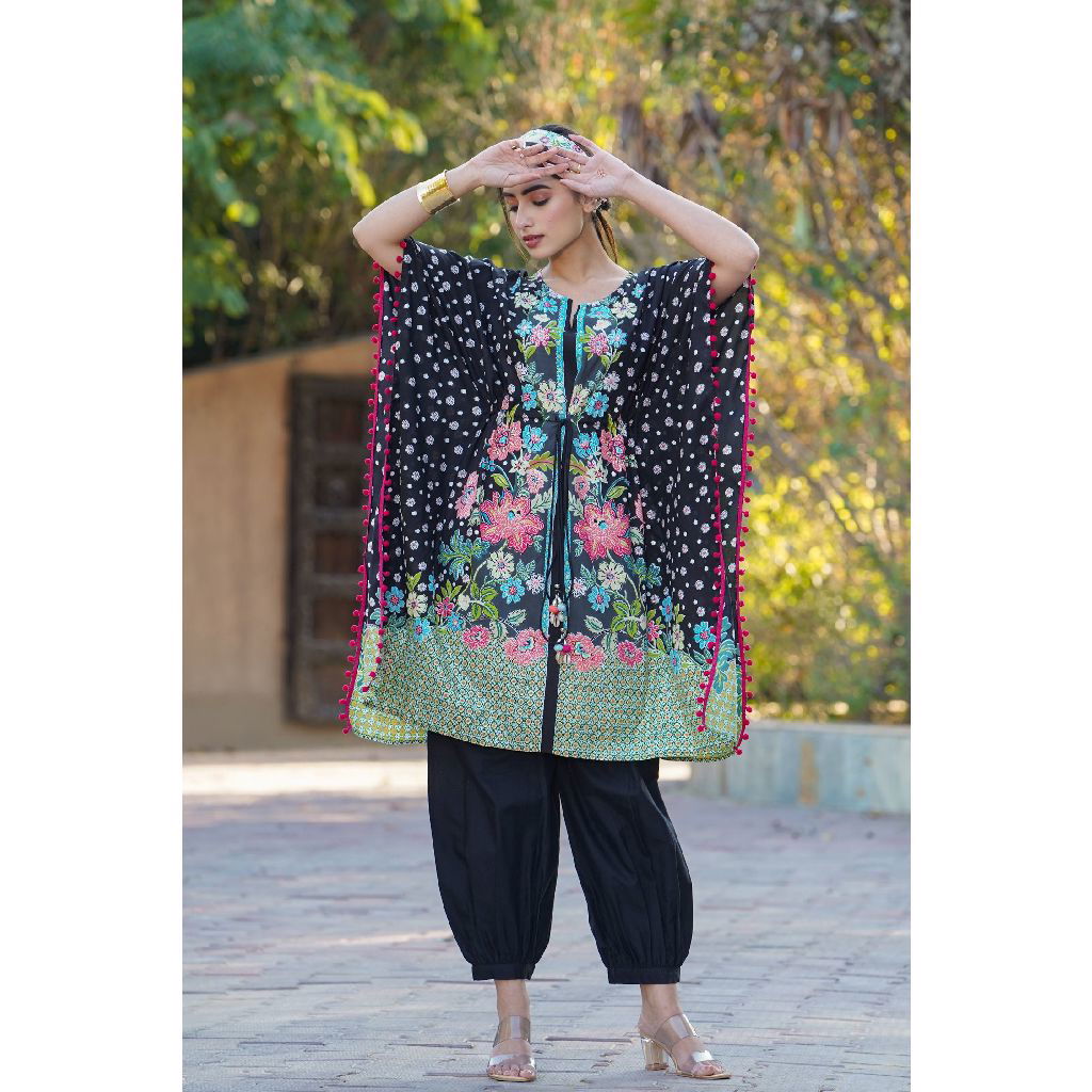 Juniper Black LIVA Rayon Printed Straight Kaftan