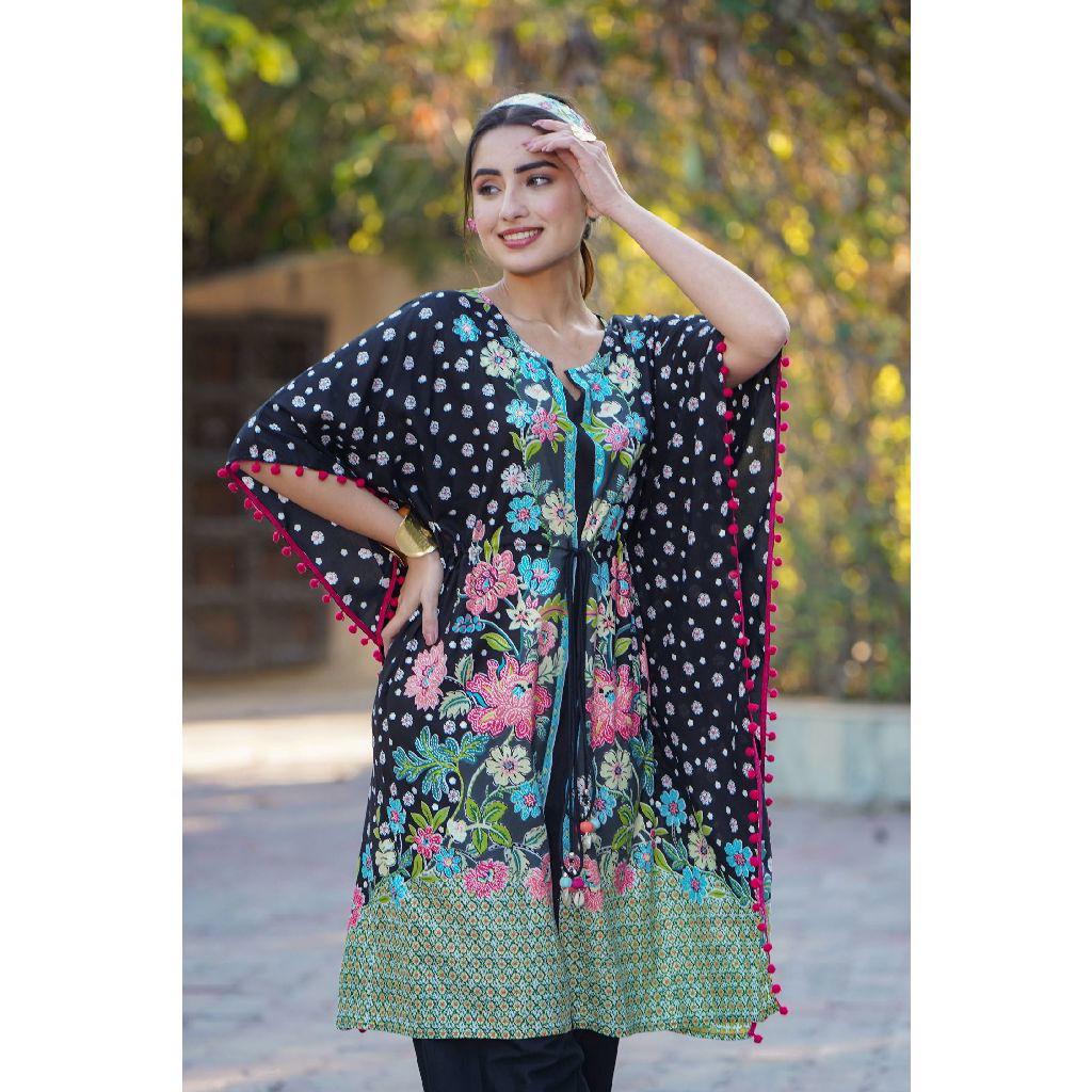 Juniper Black LIVA Rayon Printed Straight Kaftan