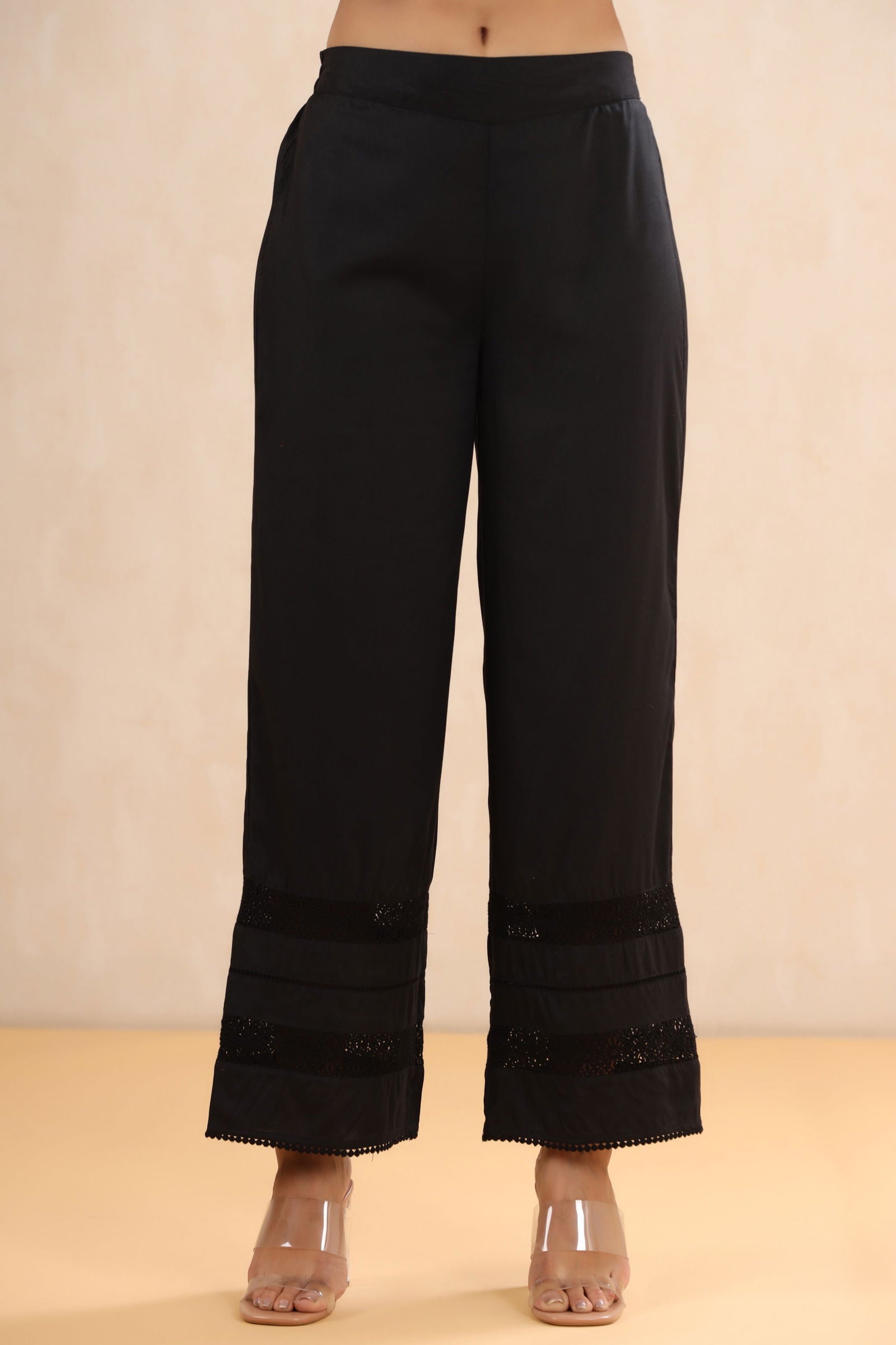 Juniper Black LIVA Rayon Solid Flared Palazzo with Lacework