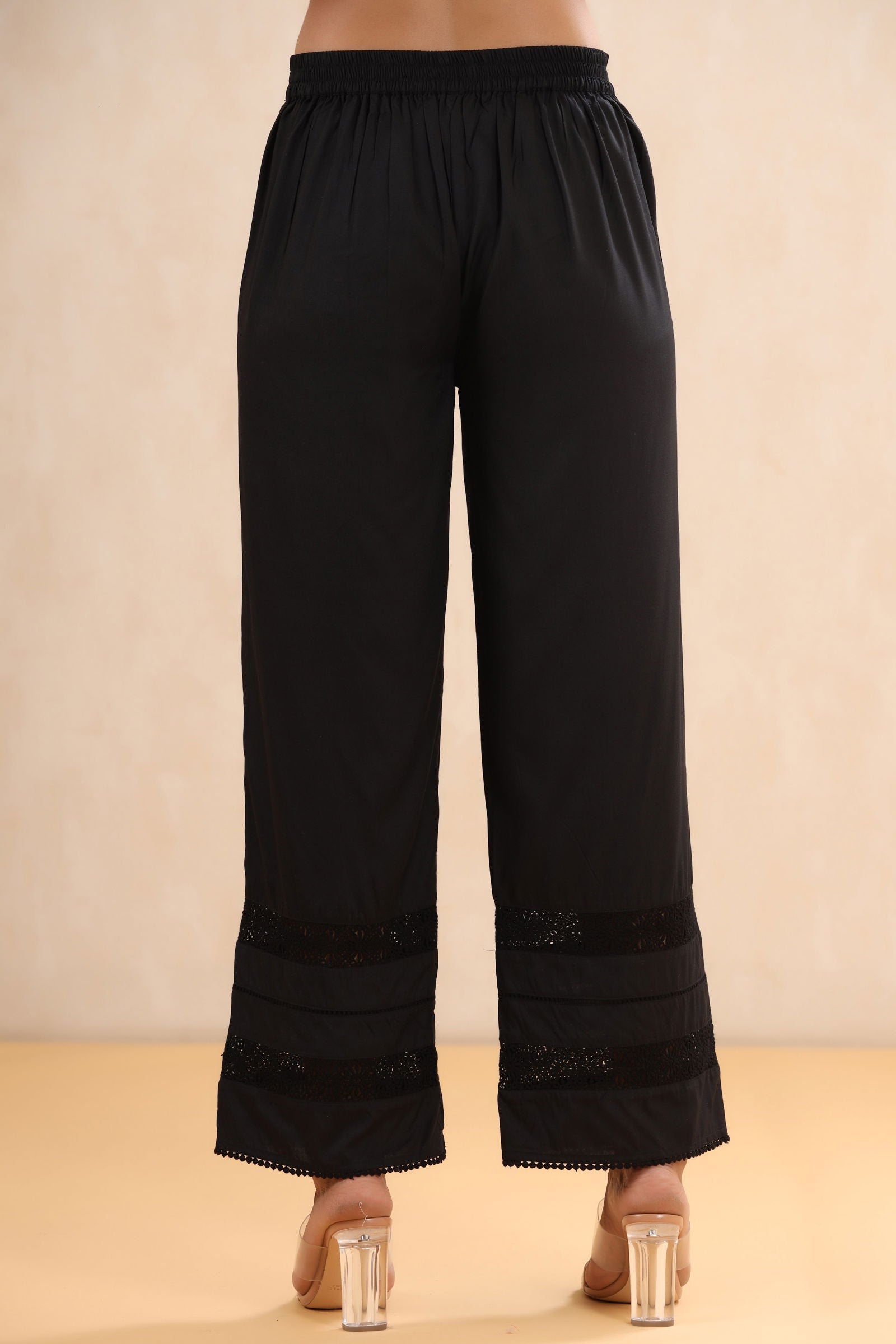 Juniper Black LIVA Rayon Solid Flared Palazzo with Lacework