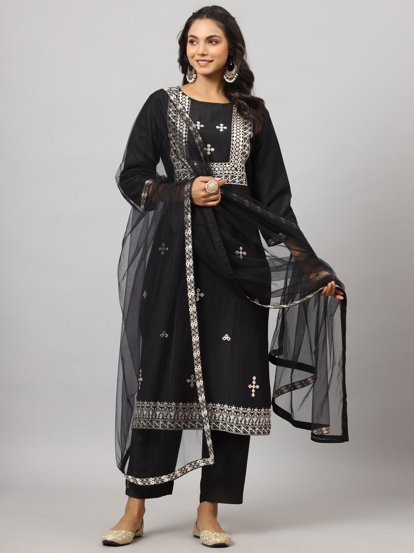 Juniper Black Mirror Embroidered Chinnon Kurta Pants & Net Dupatta Set