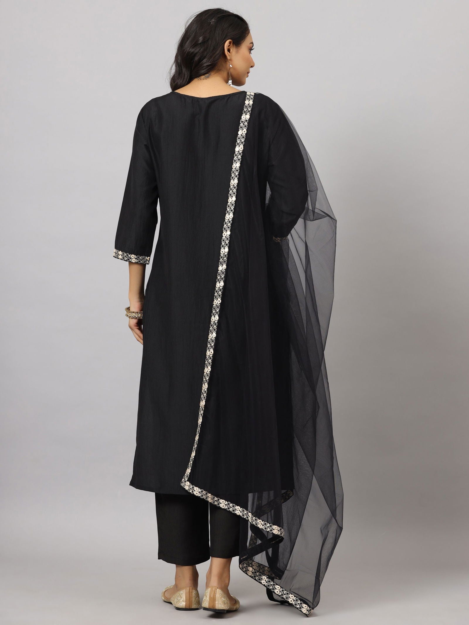 Juniper Black Mirror Embroidered Chinnon Kurta Pants & Net Dupatta Set