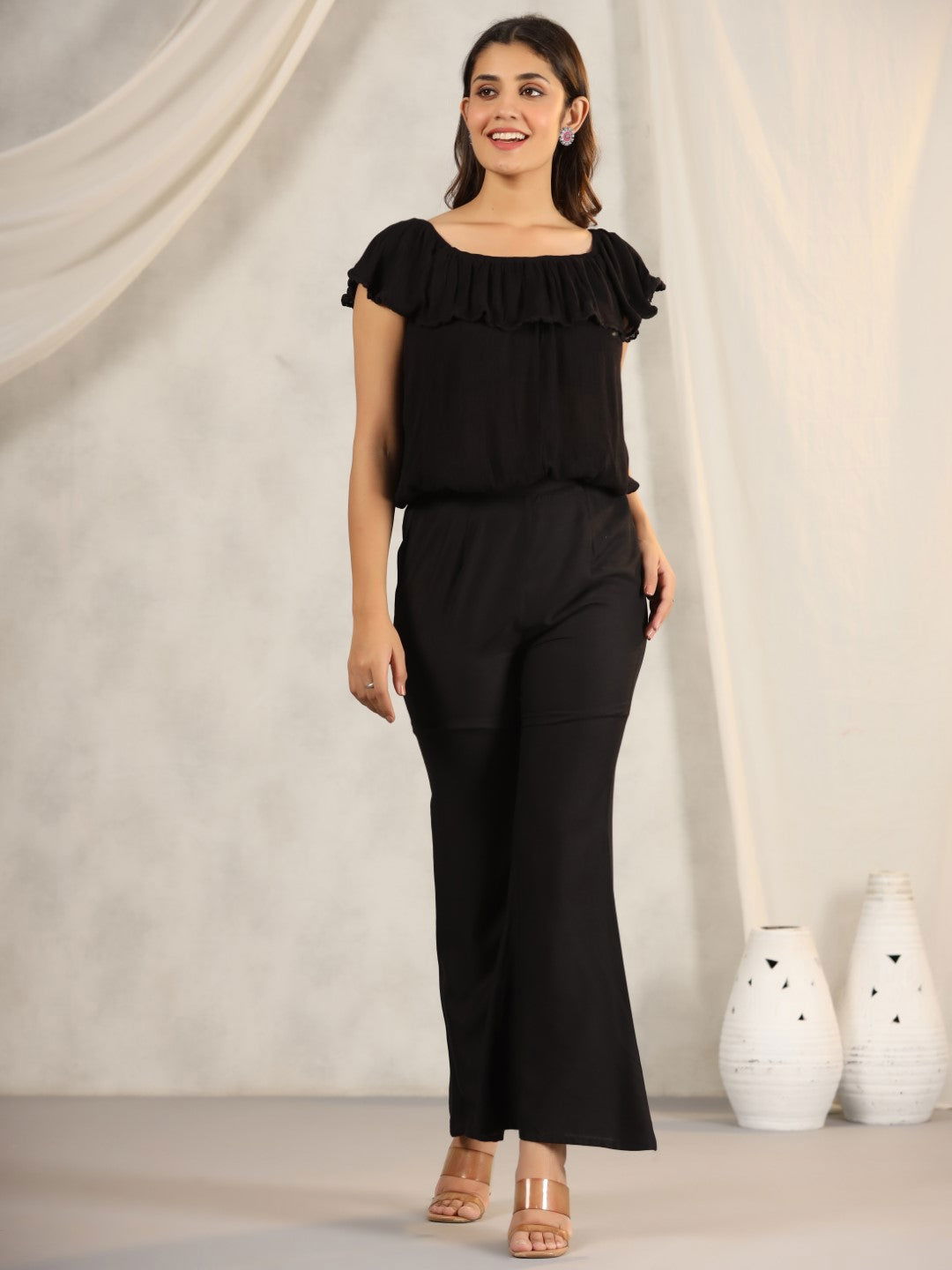 Juniper Black Modal Rayon Women Partially Elasticated Bell Bottom Pants With Single Side Pocket