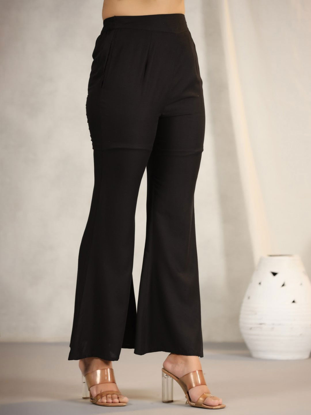 Juniper Black Modal Rayon Women Partially Elasticated Bell Bottom Pants With Single Side Pocket