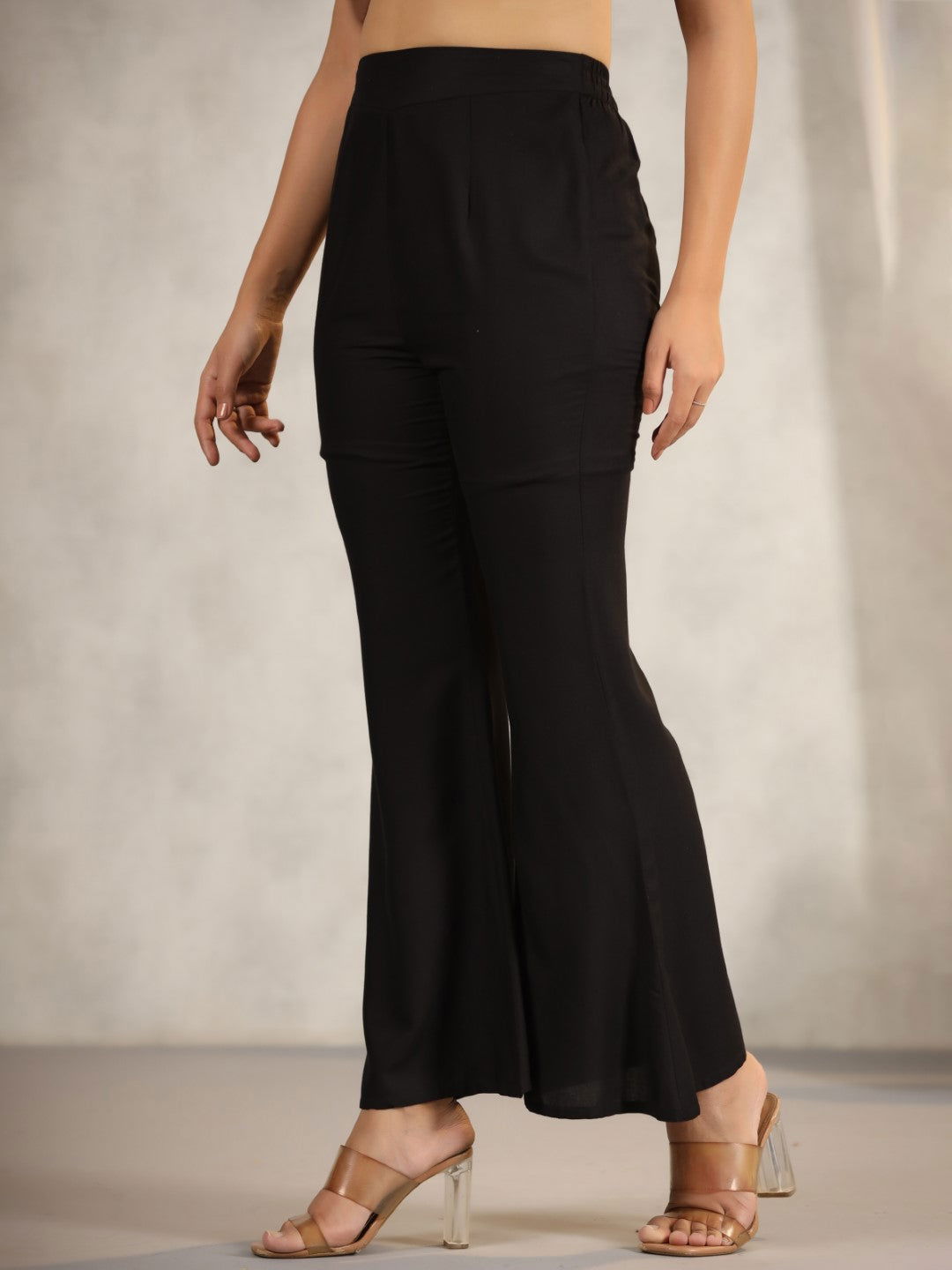 Juniper Black Modal Rayon Women Partially Elasticated Bell Bottom Pants With Single Side Pocket