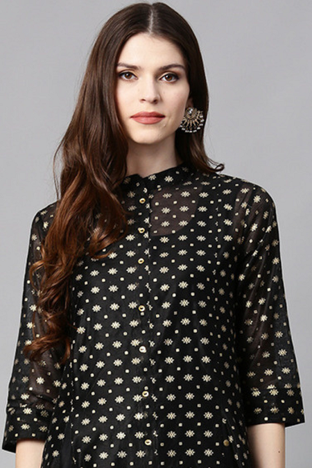 Juniper Black Polka Dot Printed Chanderi Kalidar Women Kurta