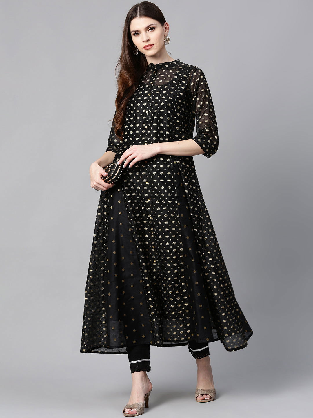 Juniper Black Polka Dot Printed Chanderi Kalidar Women Kurta