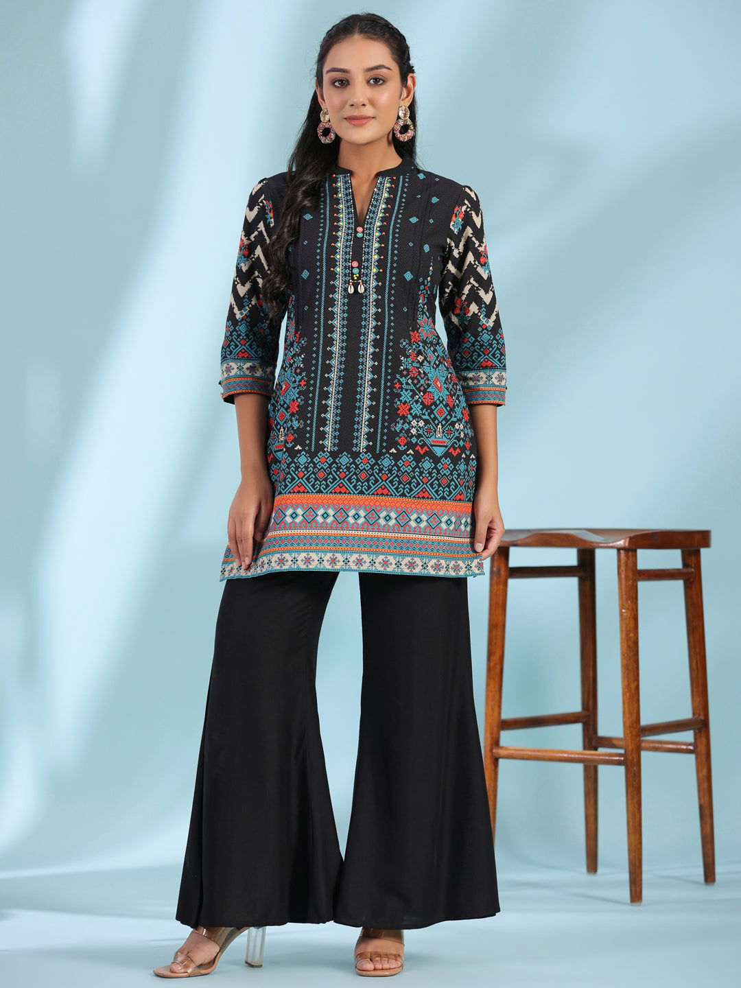Juniper Black Pure Cotton Geometric Printed & Pleated Kurta With Beads & Sequins