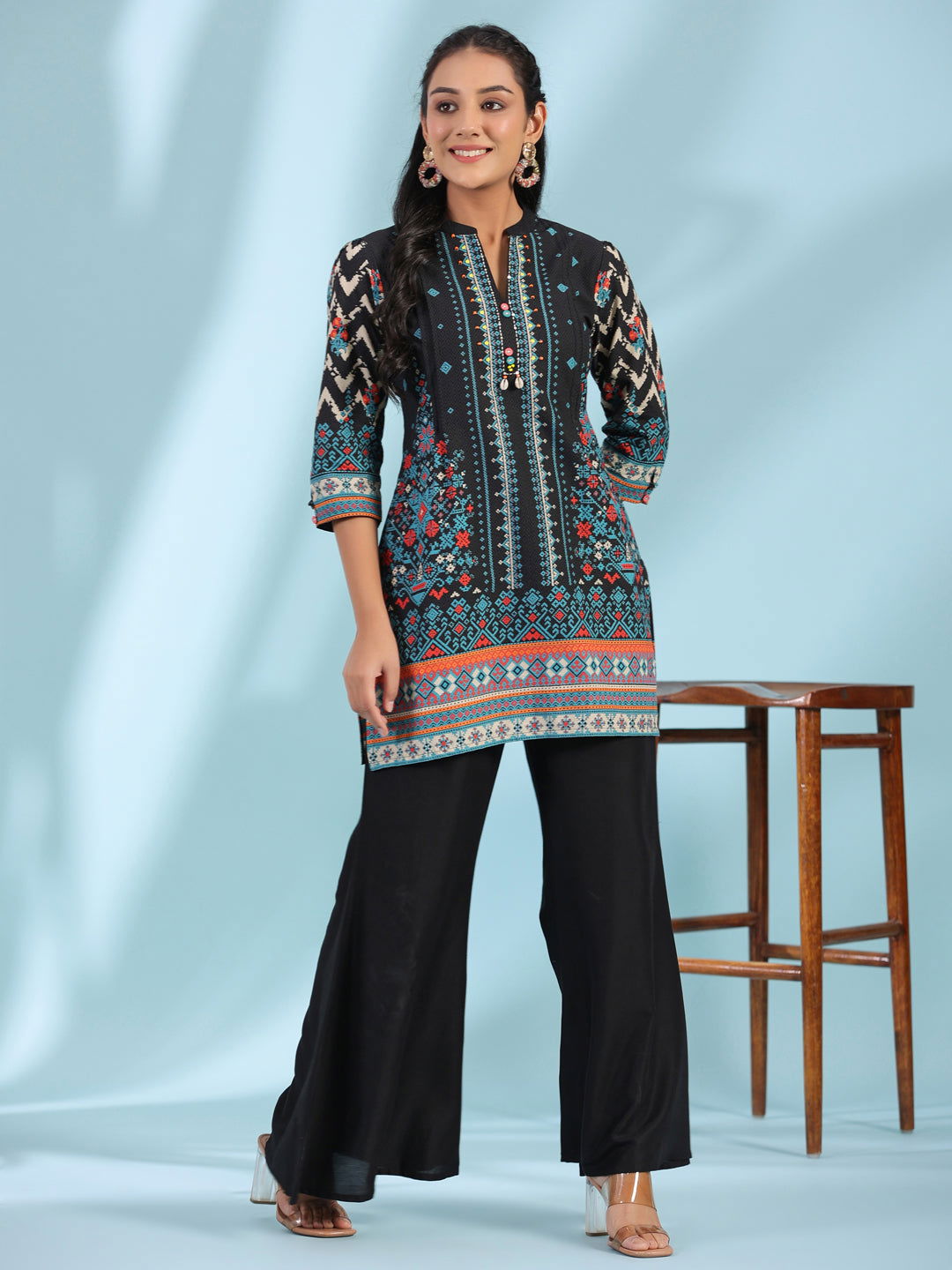 Juniper Black Pure Cotton Geometric Printed & Pleated Kurta With Beads & Sequins