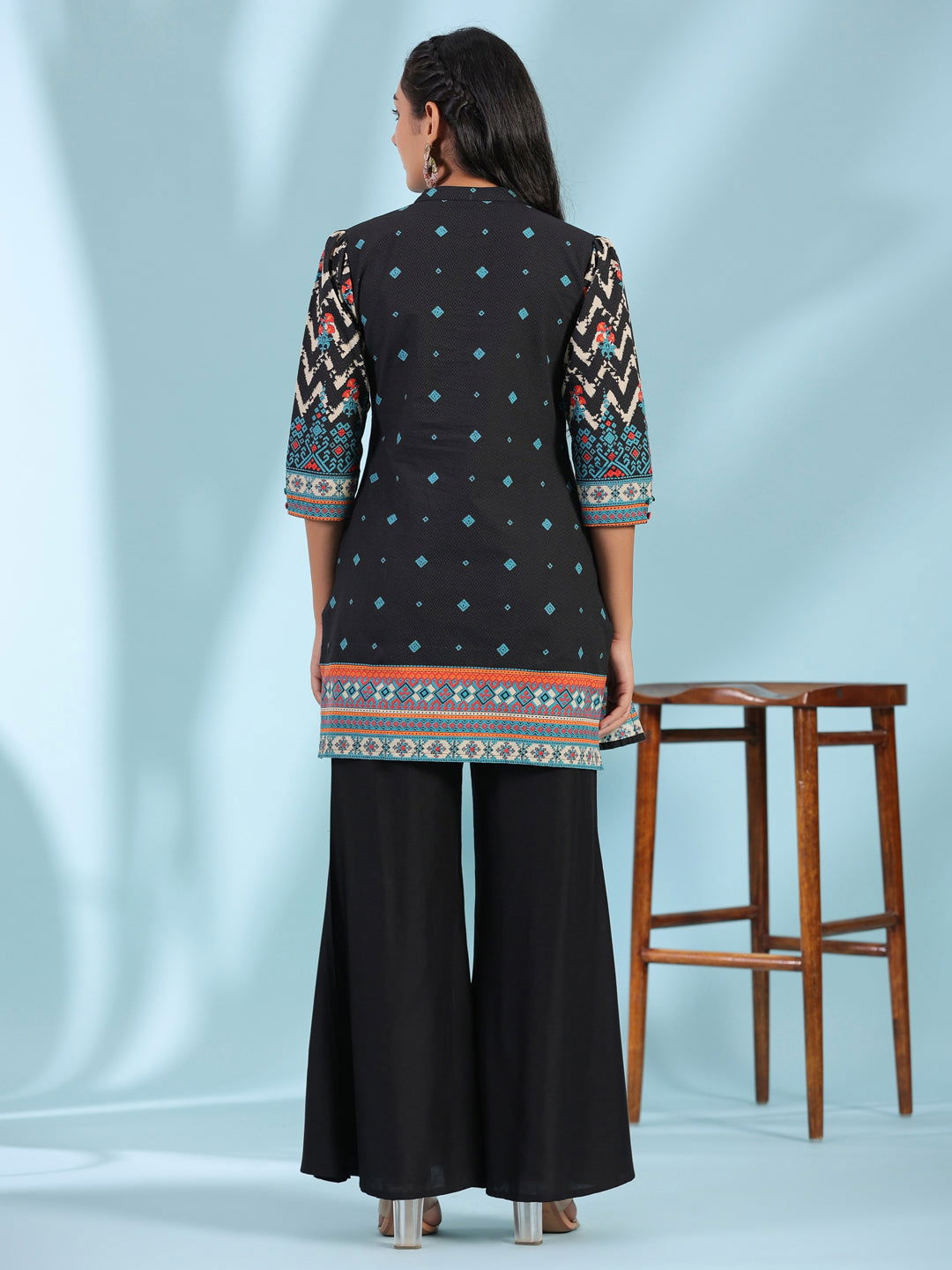 Juniper Black Pure Cotton Geometric Printed & Pleated Kurta With Beads & Sequins