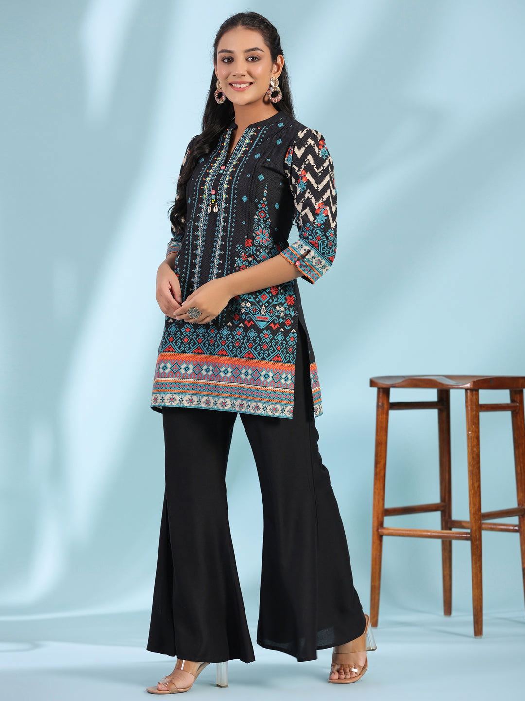 Juniper Black Pure Cotton Geometric Printed & Pleated Kurta With Beads & Sequins