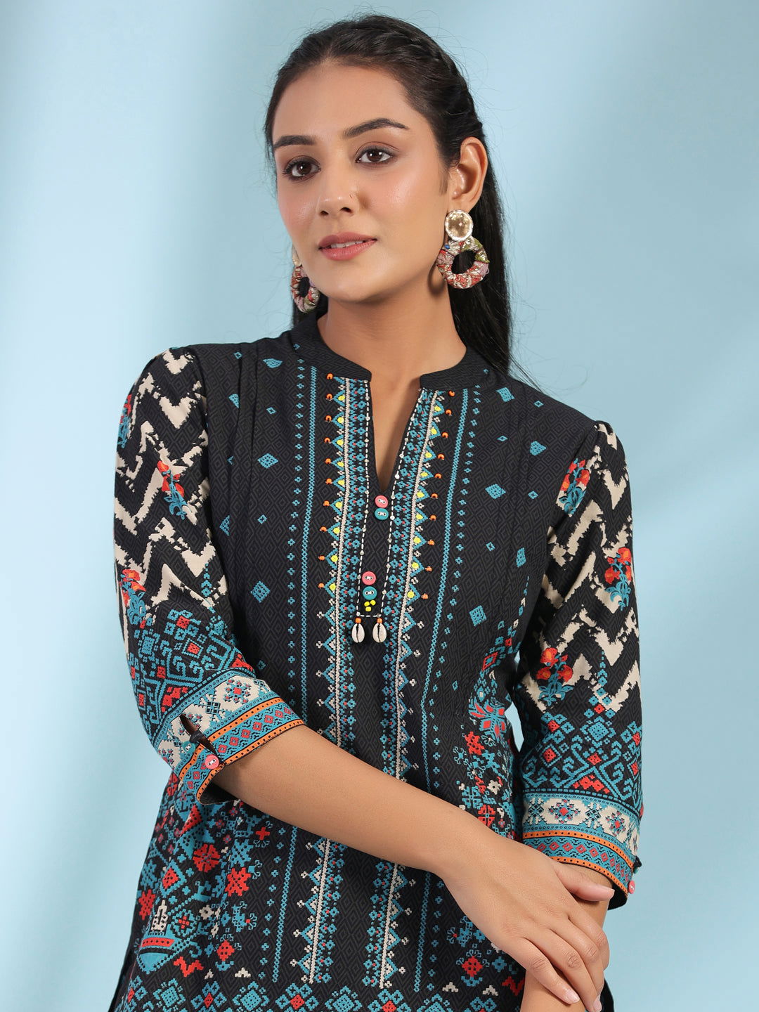 Juniper Black Pure Cotton Geometric Printed & Pleated Kurta With Beads & Sequins