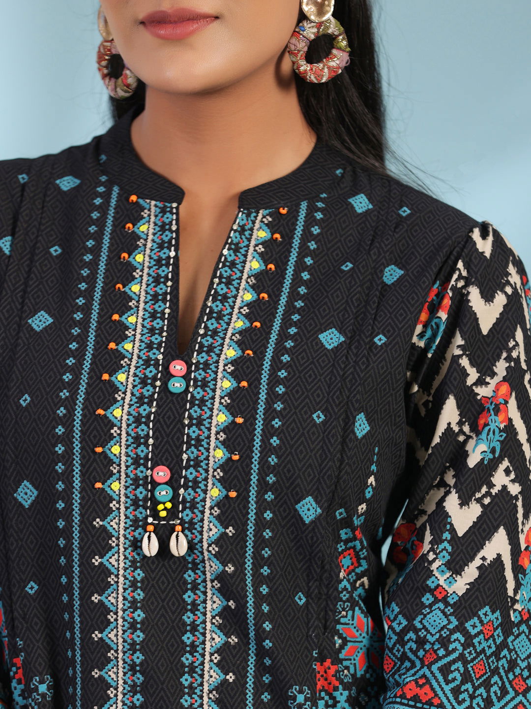Juniper Black Pure Cotton Geometric Printed & Pleated Kurta With Beads & Sequins