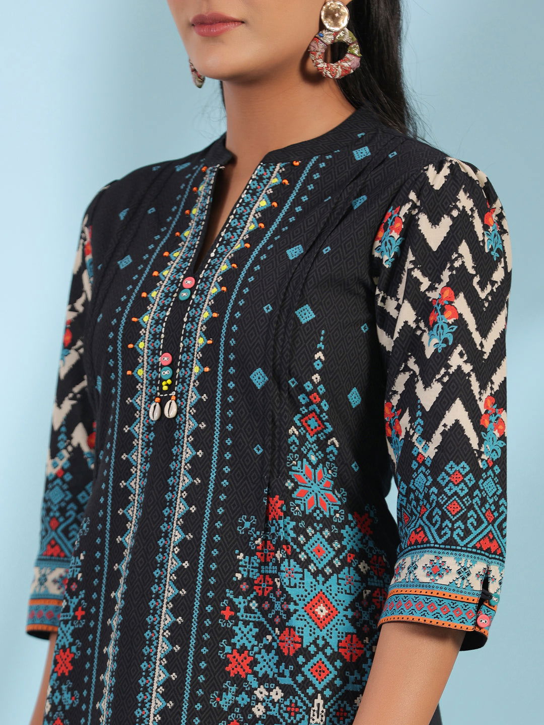 Juniper Black Pure Cotton Geometric Printed & Pleated Kurta With Beads & Sequins