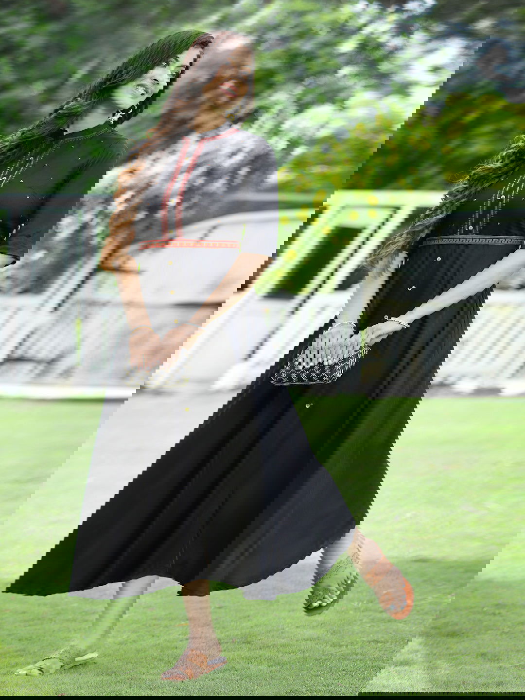 Juniper Black Rayon Embroidered Maxi Dress With Buttons & Sequins Detail