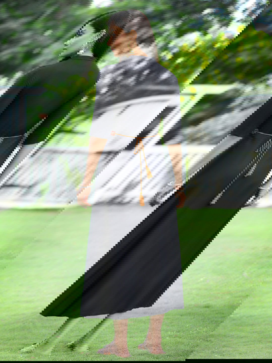 Juniper Black Rayon Embroidered Maxi Dress With Buttons & Sequins Detail