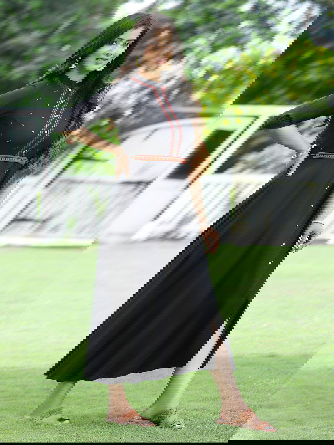 Juniper Black Rayon Embroidered Maxi Dress With Buttons & Sequins Detail