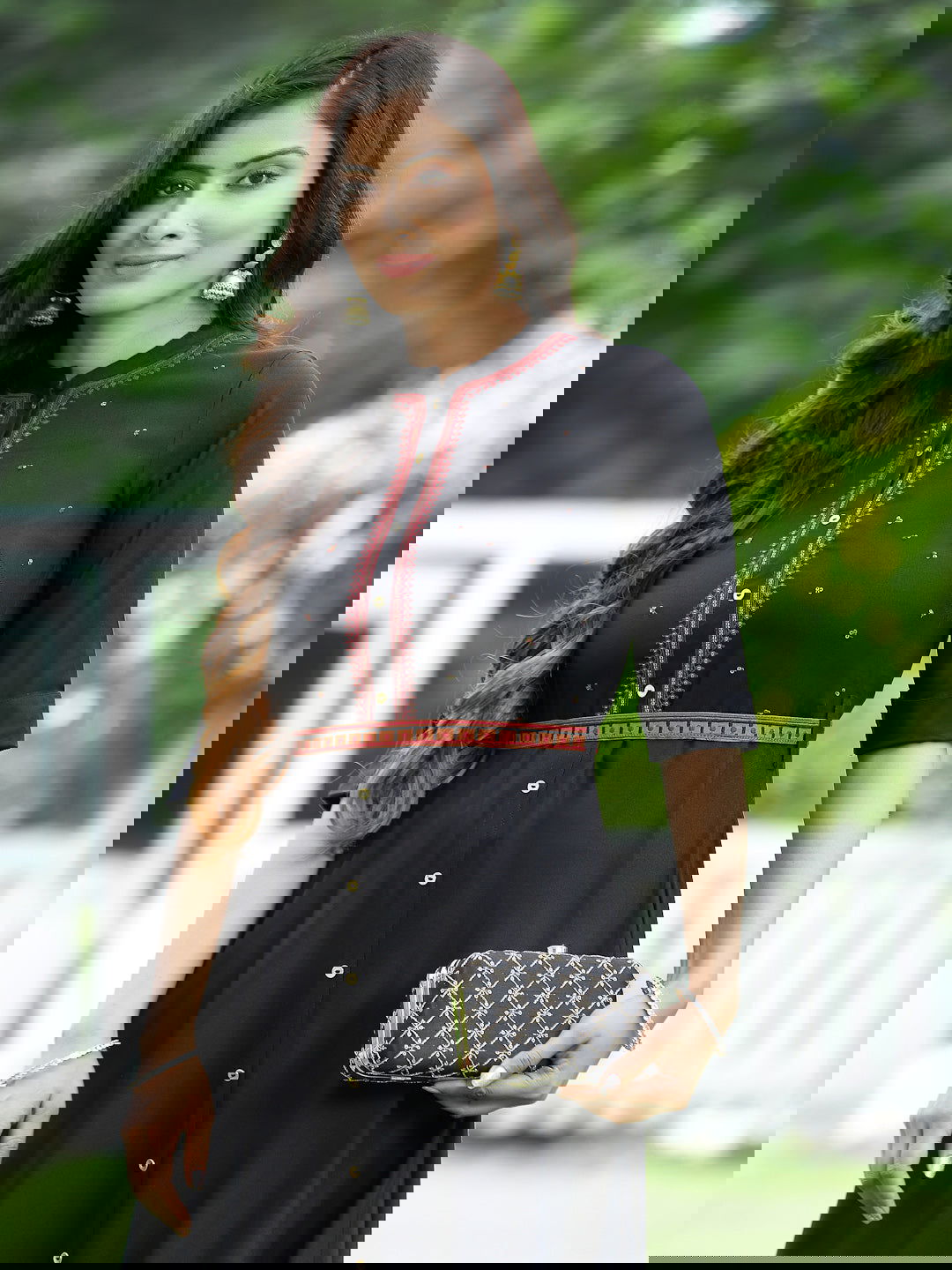 Juniper Black Rayon Embroidered Maxi Dress With Buttons & Sequins Detail