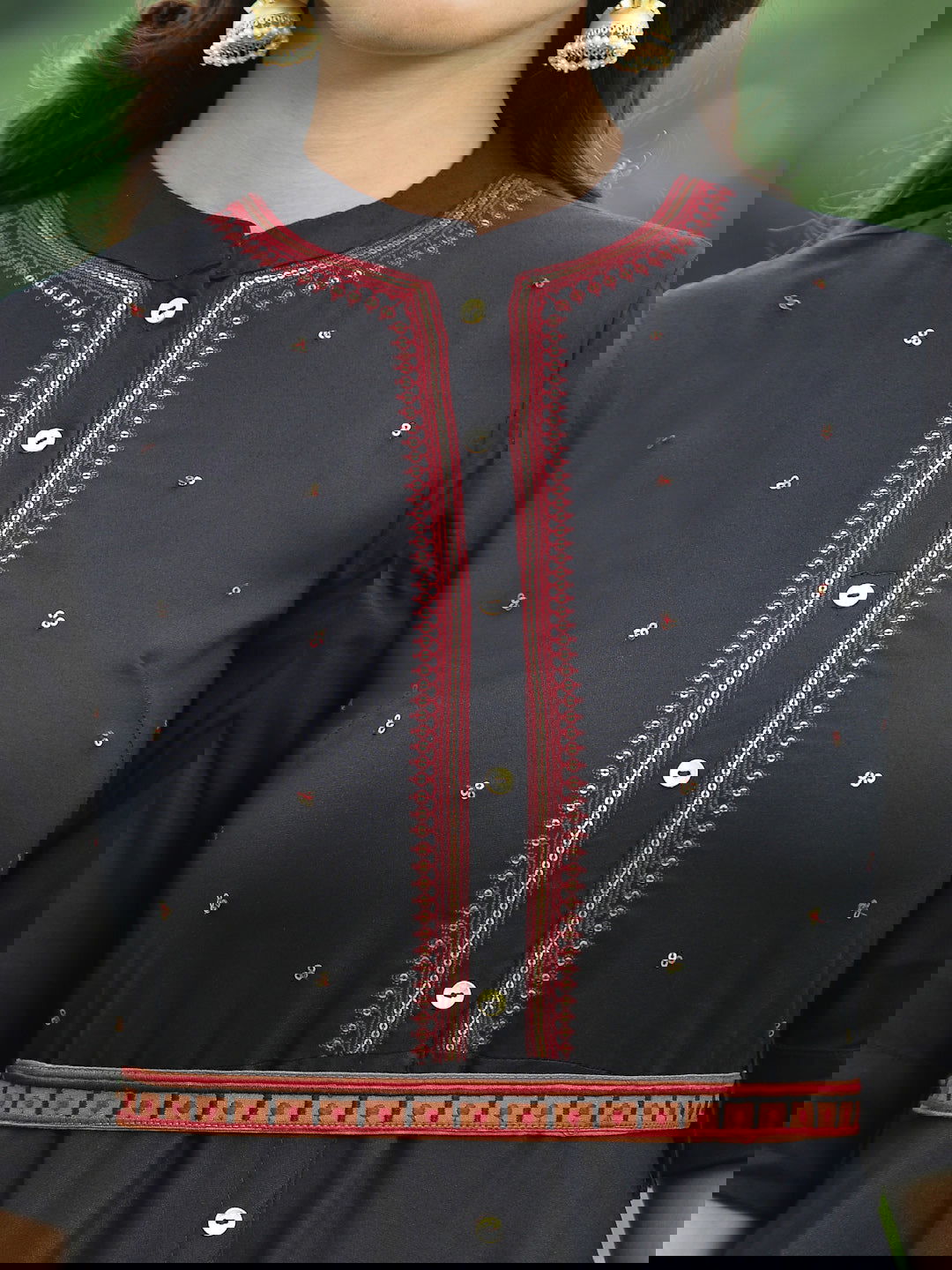 Juniper Black Rayon Embroidered Maxi Dress With Buttons & Sequins Detail