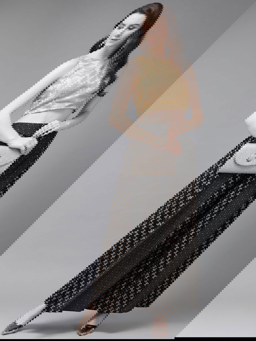 Juniper Black Rayon Ethnic Motif Printed Ankle-Length Flared Kalidar Women Palazzo With One Pocket