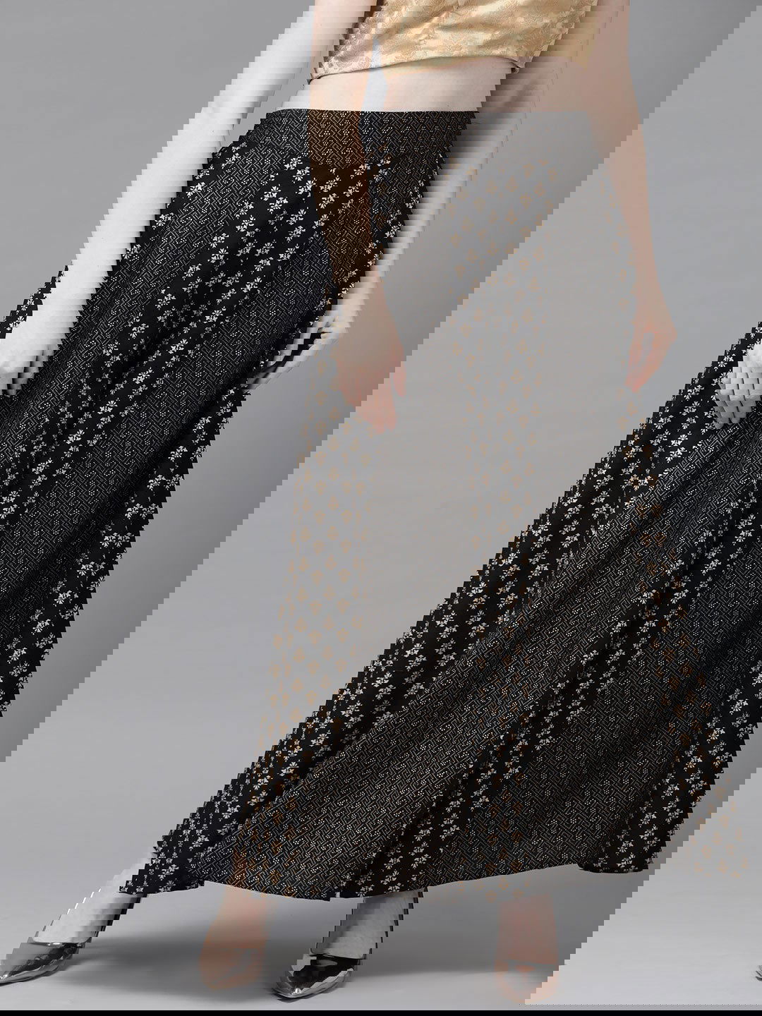 Juniper Black Rayon Ethnic Motif Printed Ankle-Length Flared Kalidar Women Palazzo With One Pocket