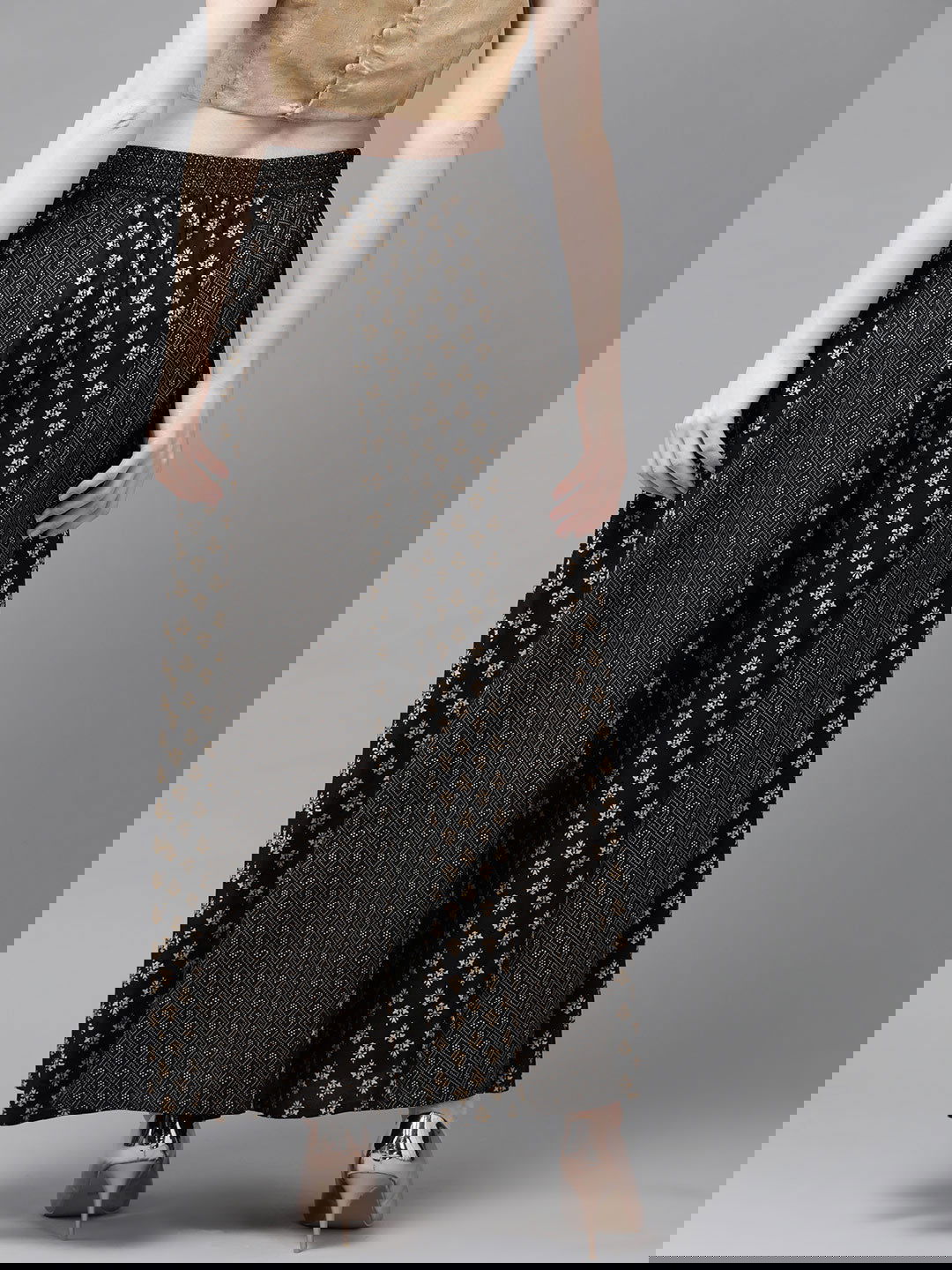 Juniper Black Rayon Ethnic Motif Printed Ankle-Length Flared Kalidar Women Palazzo With One Pocket