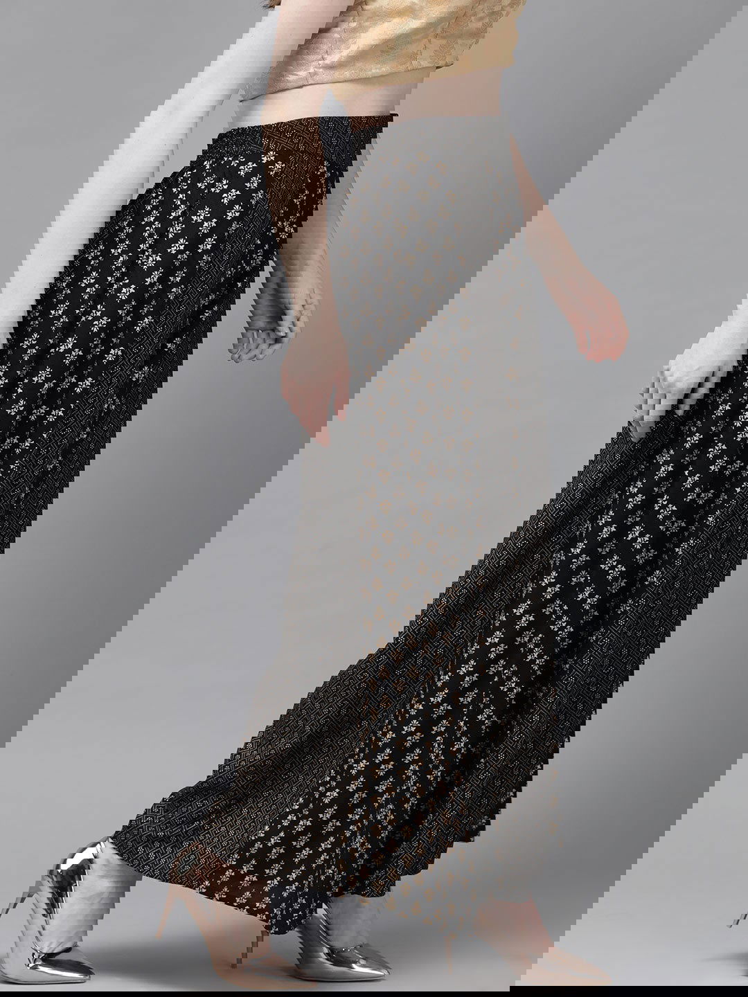 Juniper Black Rayon Ethnic Motif Printed Ankle-Length Flared Kalidar Women Palazzo With One Pocket