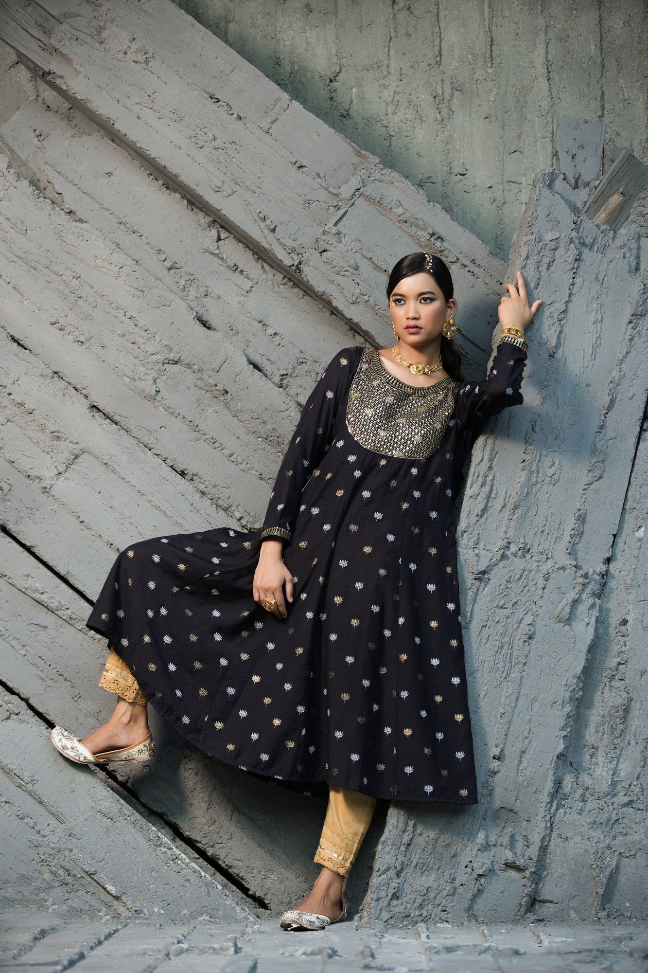 Juniper Black Rayon Festive Foil Printed Anarkali Flared Anarkali Kurta For Women