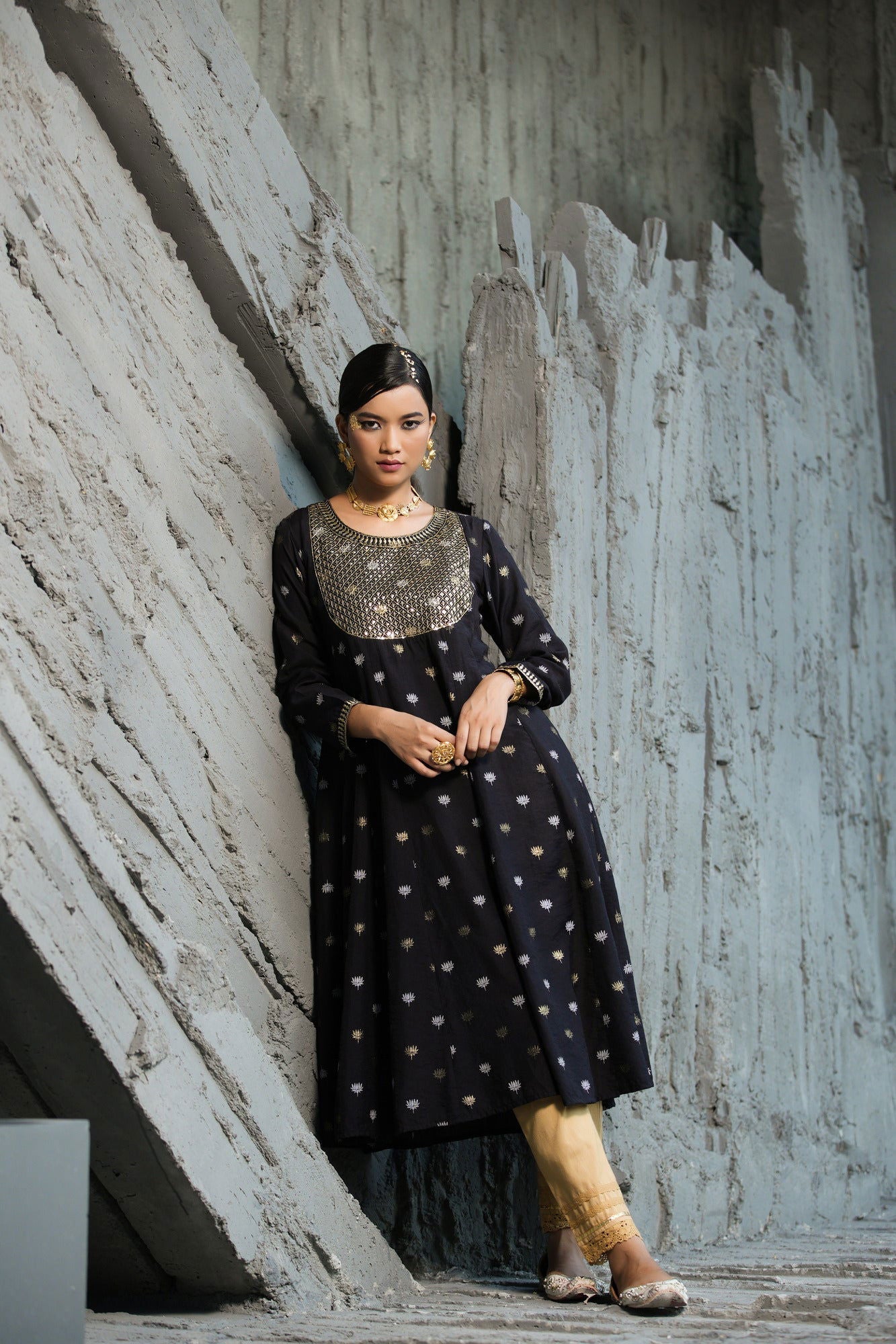 Juniper Black Rayon Festive Foil Printed Anarkali Flared Anarkali Kurta For Women