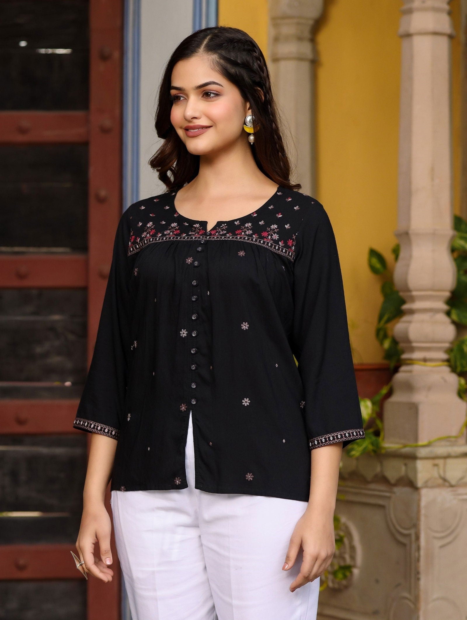 Juniper Black Rayon Gathered Embroidered Tunic With Buttons